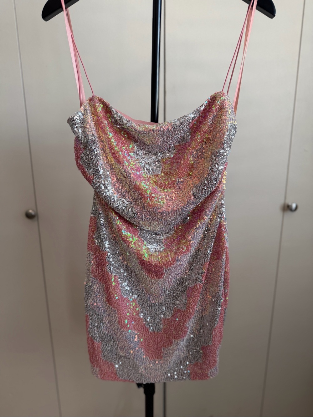 Windsor Pink and Silver Sequin Cowl Neck Mini Dress
